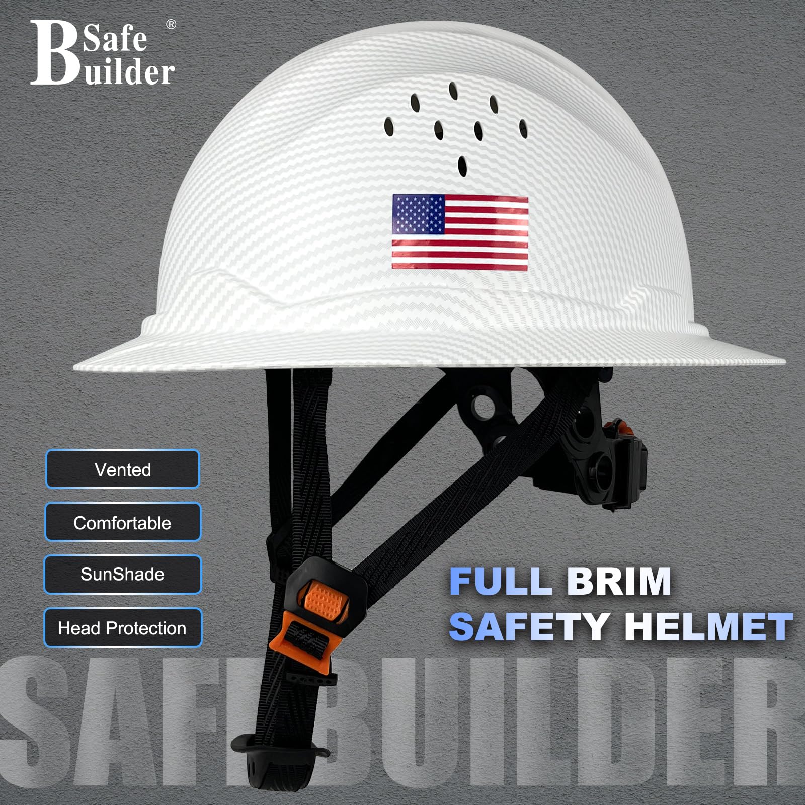 SAFEBUILDER SBD-G1C - Casco de seguridad de ala completa, HDPE, ventilado, patrón de fibra de carbono, trabajo industrial, certificado ANSI/ISEA Z89.1
