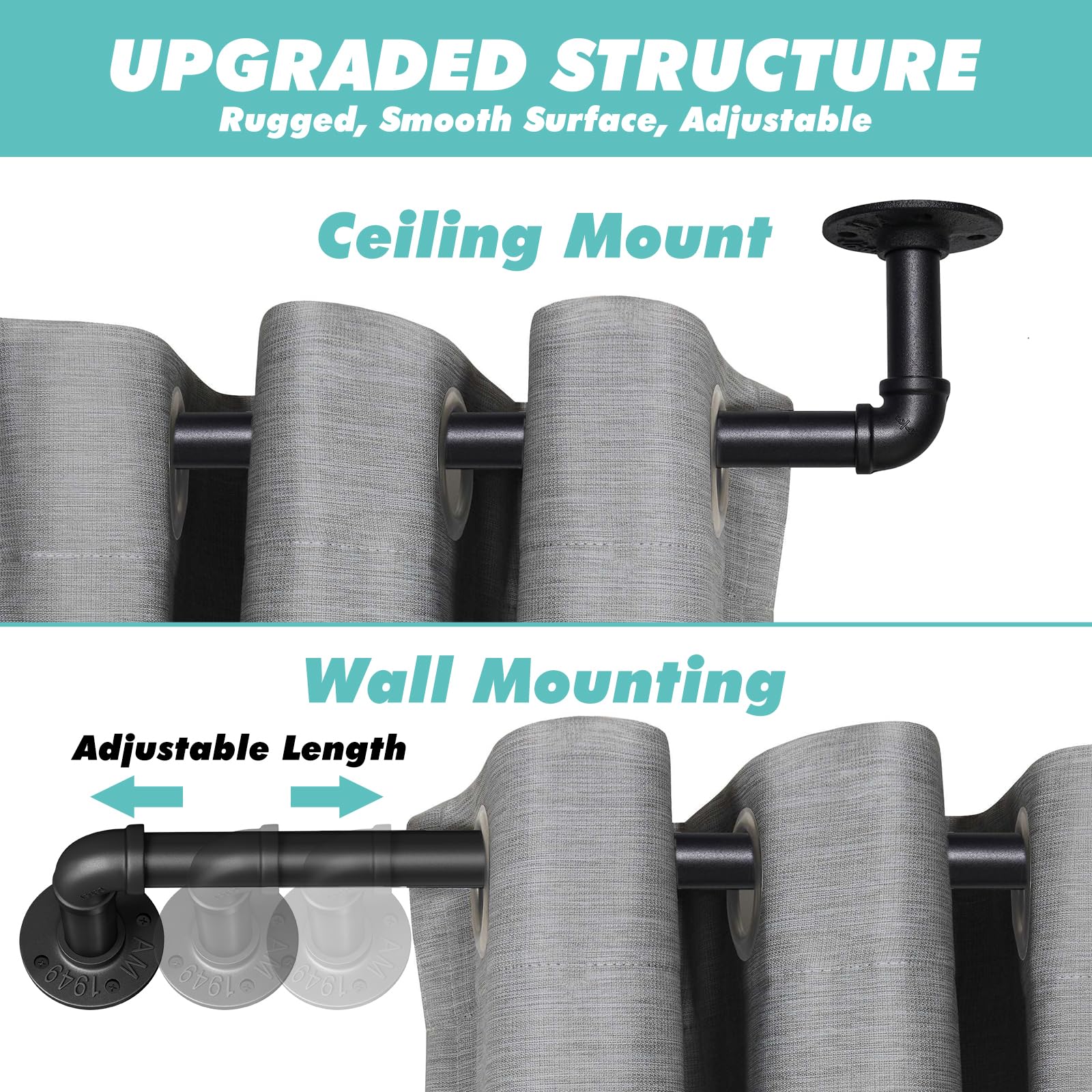 PUWOWYE Bastone per tende nero estensibile, bastone tenda soffitto industriale, Bastone Tenda possono diametro 25 mm, Bastoni per Tende Estensibili per finestre, 80-150cm