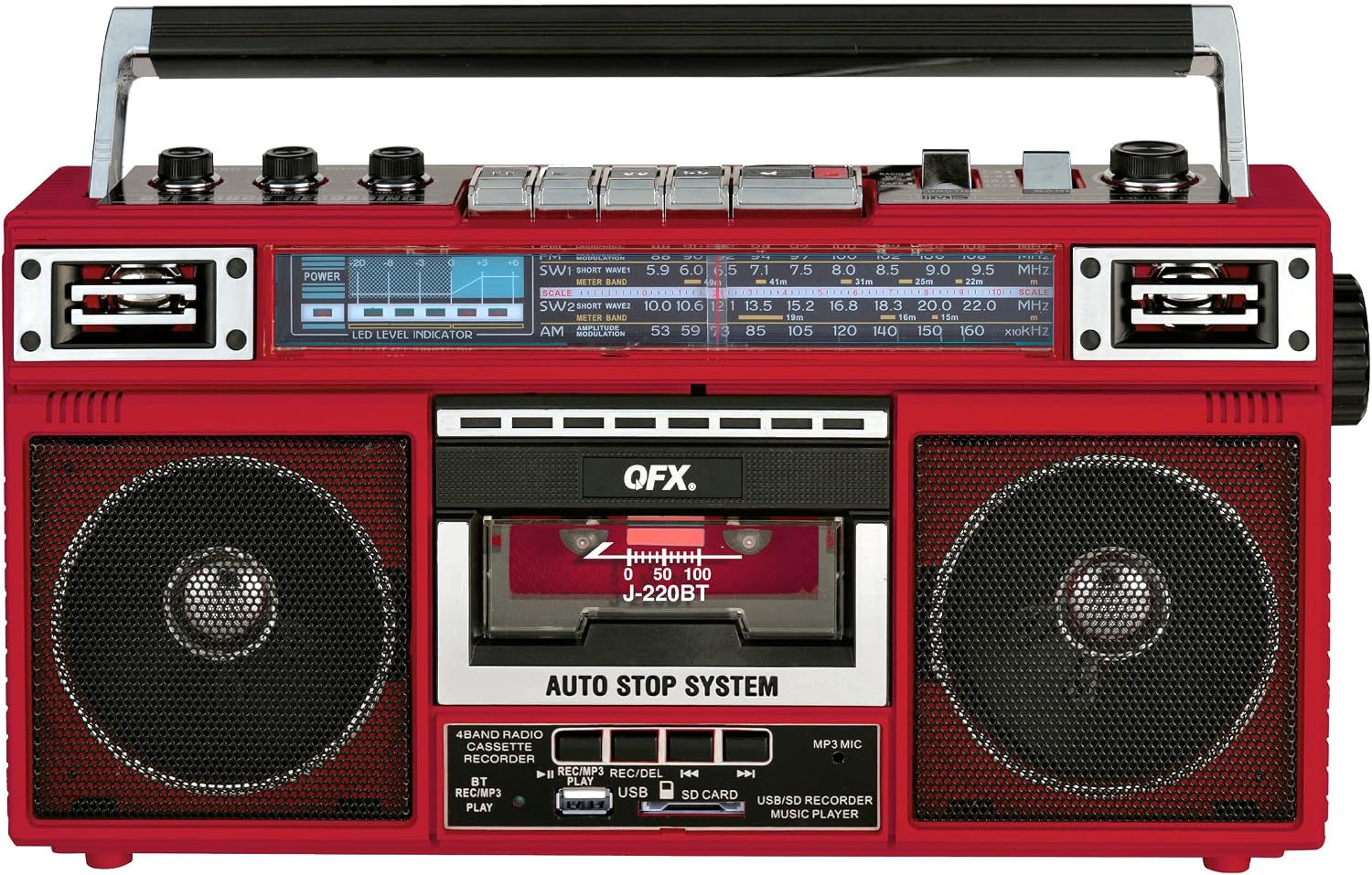 QFX Retro Bluetooth Boombox Cassette Tape Player Recorder, J-220BT, Red