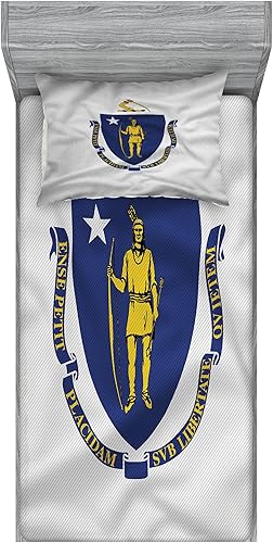 Lunarable American Fitted Sheet & Pillow Sham Set, Massachusetts Flagg Holds a Bow and Pointing Downward Arrow, Decorative Printed 2 Piece Bedding