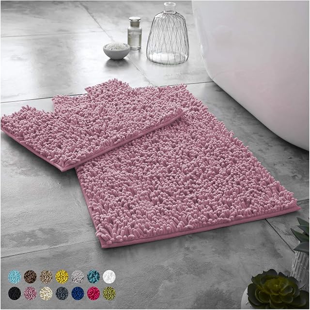 Lions Luxury Loop Bath Mat Sets 2 Piece for Bathroom - Slip-Resistant Chenille Bath Mats Rugs, Extra Soft and Absorbent Pedestal Bathmat Toilet Shower, Blush Pink