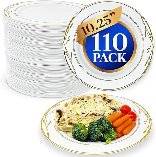 Reli. Platos de plástico desechables, borde blanco y dorado (110 unidades, 10.25 pulgadas)  Plato de plástico duro  Elegantes platos redondos