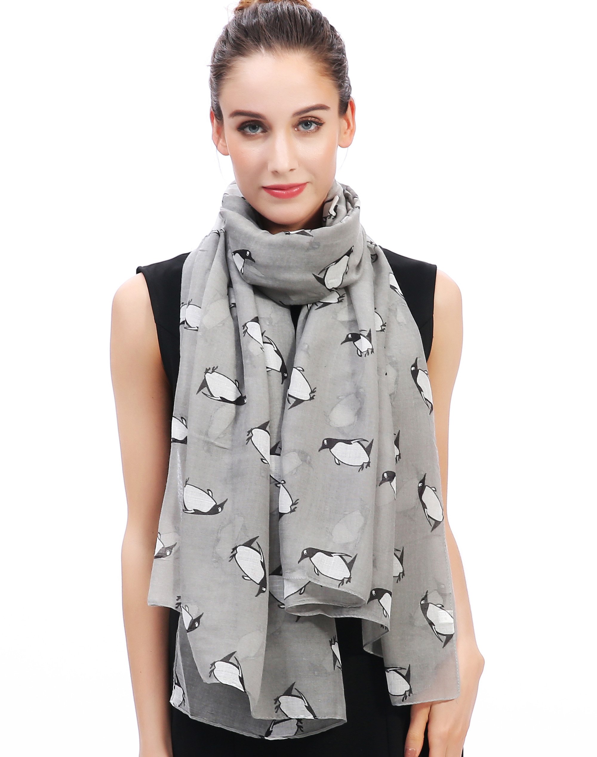 Lina & Lily Women's Grey Penguin Print Scarf Oversized (Grey)(Size: One Size)