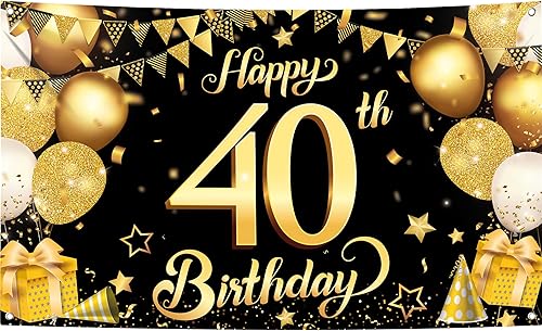 KatchOn, Cartel de feliz cumpleaños número 40 negro y dorado, XL, 72 x 44 pulgadas, telón de fondo de feliz cumpleaños 40, decoraciones de