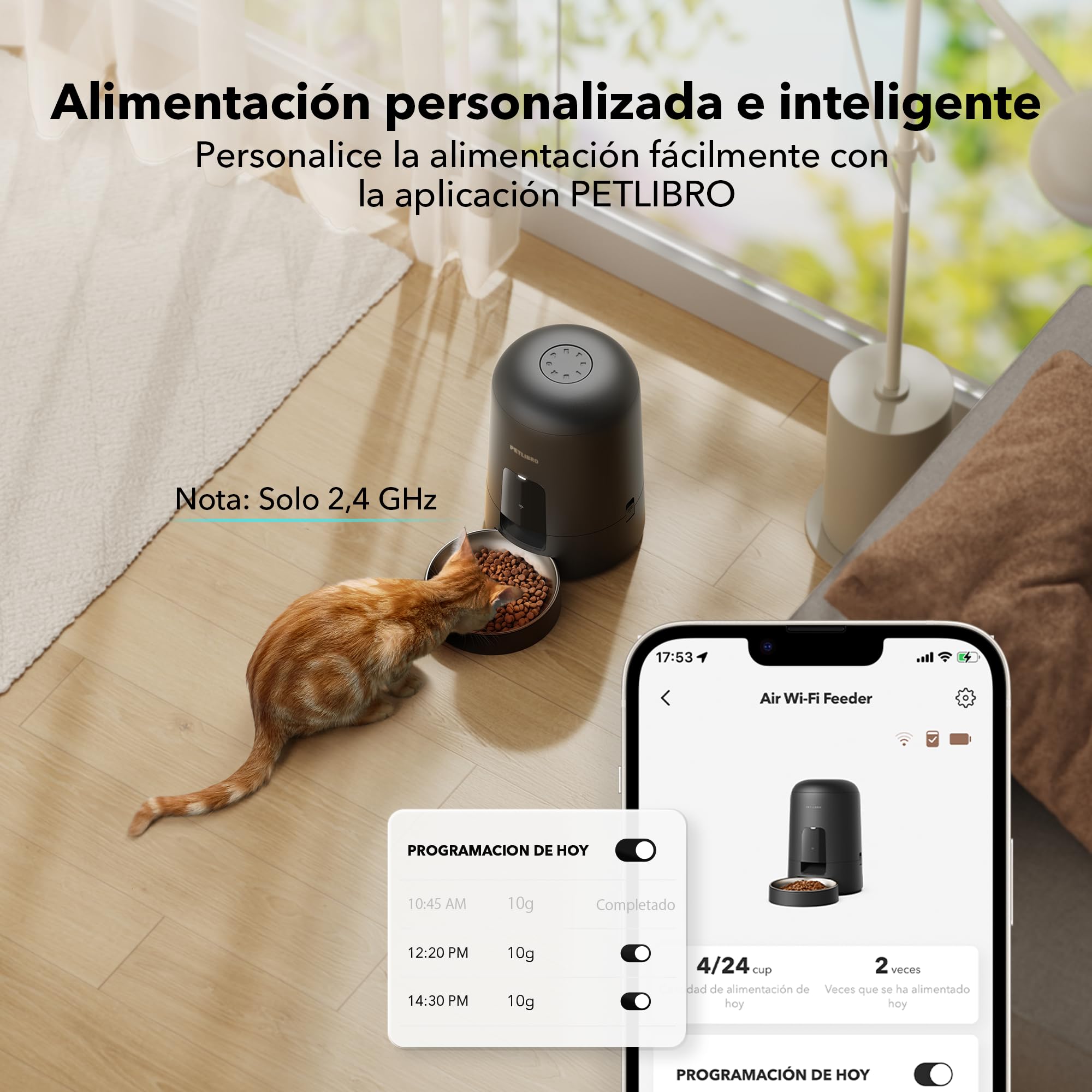 PETLIBRO Comedero Gato Automatico, 2.4G WiFi Funciona con Pilas, Dispensador Comida Seca Gatos/Perros, Control de App, 1-10 Comidas al Día, Automático Mascotas Sin Cable para Gatos, 2L, Negro