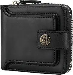 Carteira masculina com zíper de poliuretano, mini carteira masculina dobrável portátil com fivela, vários compartimentos para documentos, Preto, Moderno