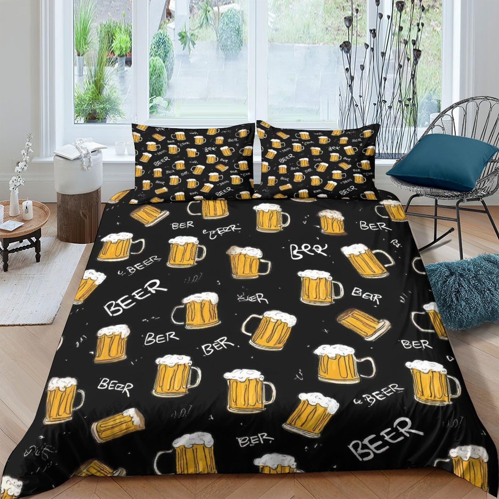 GPLZQXKJNH 3D Printed Beer Mug Pattern Duvet Cover Microfiber Soft Breathable Black Bedding Set with 2 Pillowcases for Bedroom Decor Single（135x200cm）