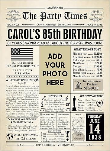 Póster personalizado de periódico de cumpleaños número 85, lienzo personalizado para regalo de cumpleaños, póster de periódico, idea de regalo de