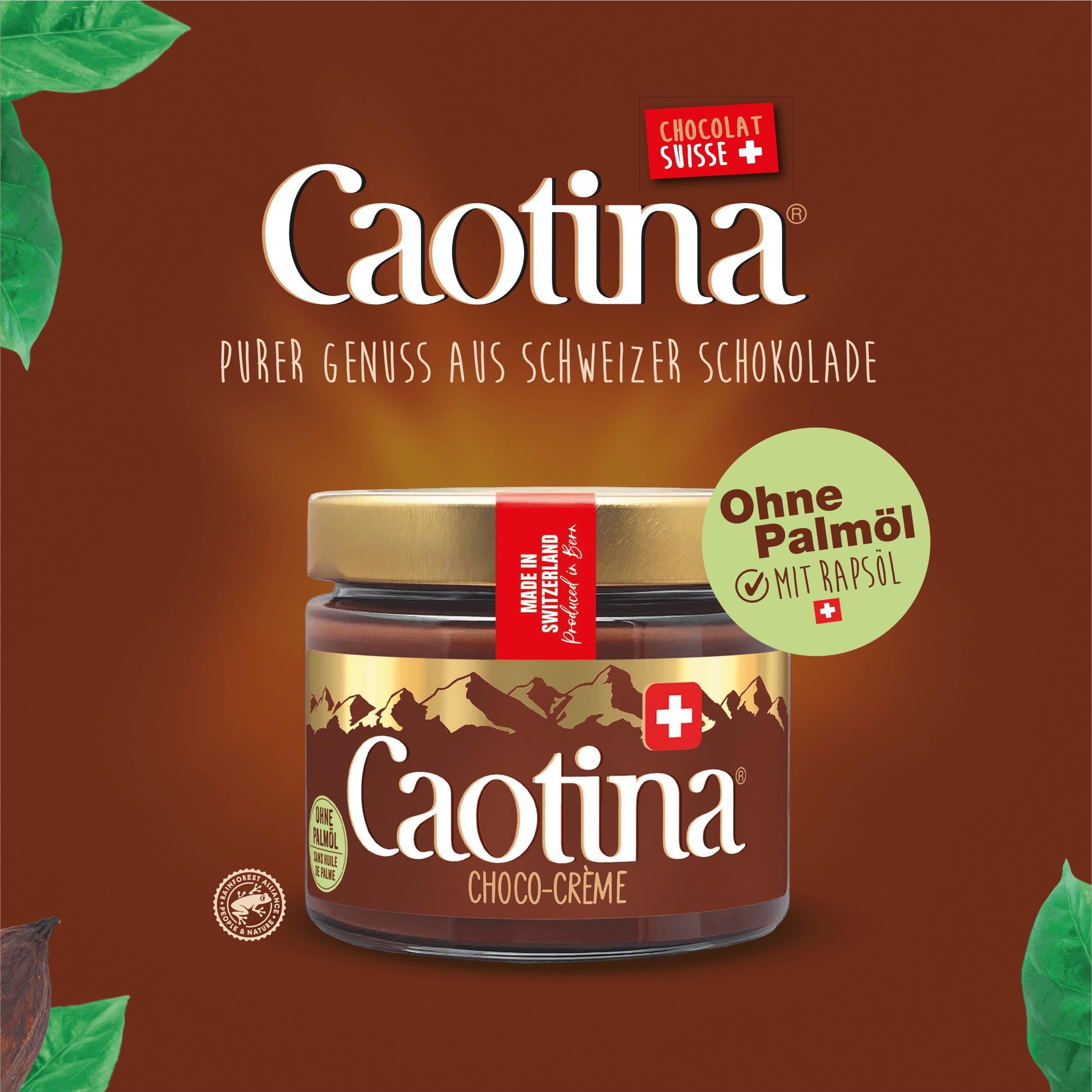 Caotina Schokoladen Creme Brotaufstrich süß SchokoCreme ohne Palmöl SchokoladenAufstrich mit Nuss und echter Schweizer Schokolade, 6 x 300 g