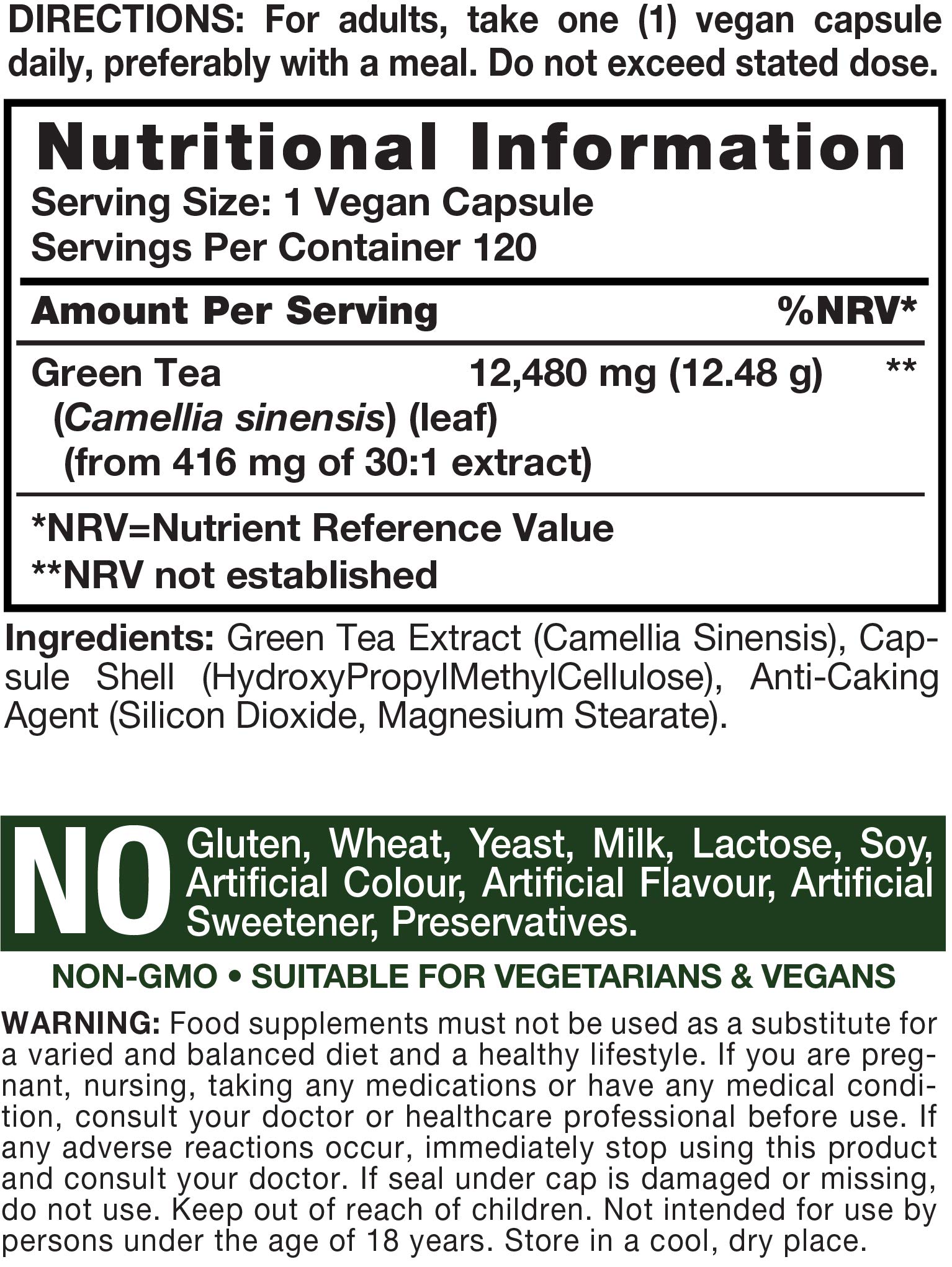 Green Tea Extract 12480mg 120 Vegan Capsules Antioxidant & Rich in