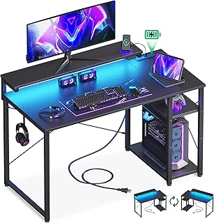 AODK ゲーミングデスク パソコンデスク ラック&コンセント付き 幅100cm 机 pcデスク ゲームデスク gaming desk モニター台&LED付き ゲーミングテーブル 左右入れ替え対応 カーボン調ブラック