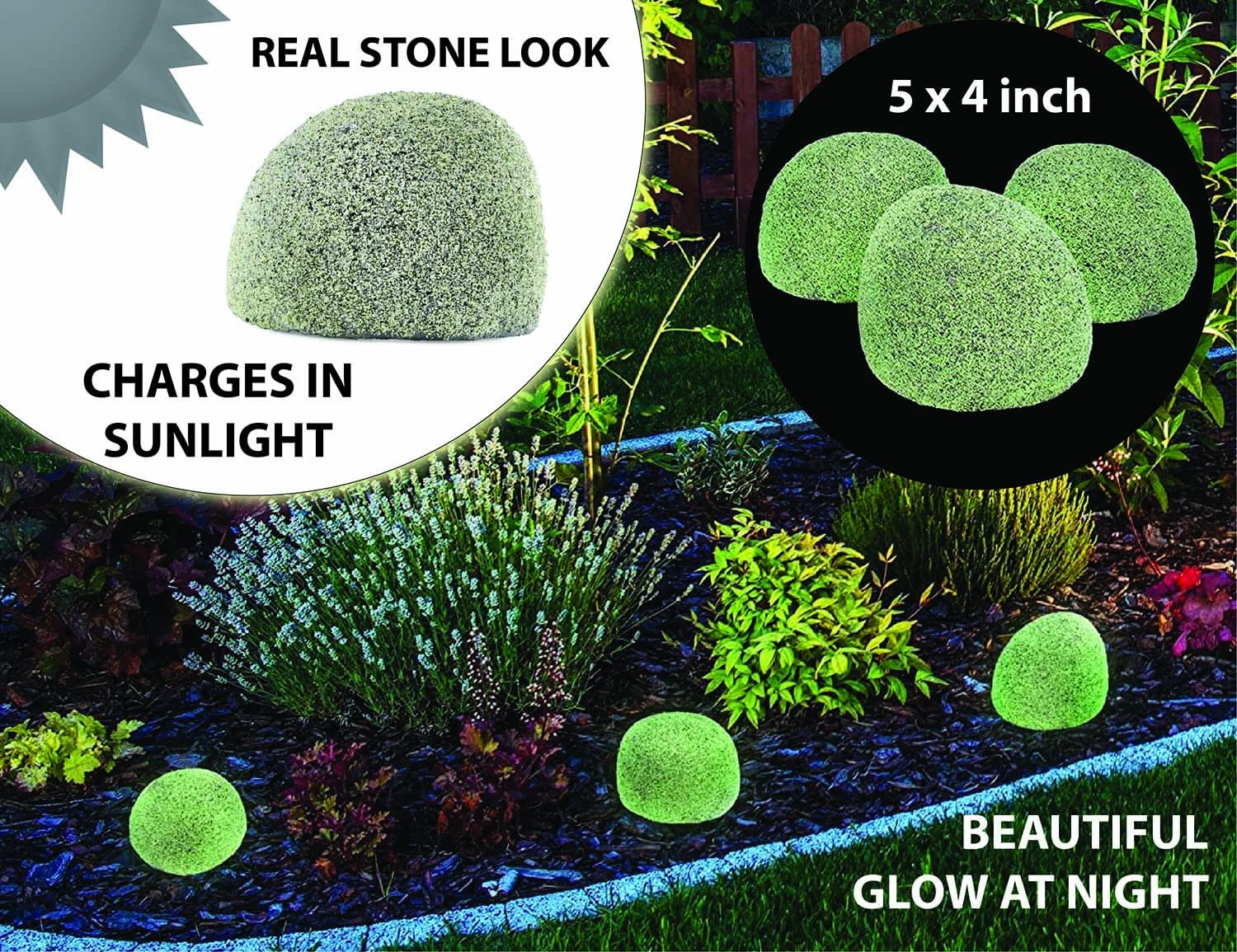Darware Grandi pietre luminose da giardino (set di 3); pietre decorative da giardino che si illuminano al buio