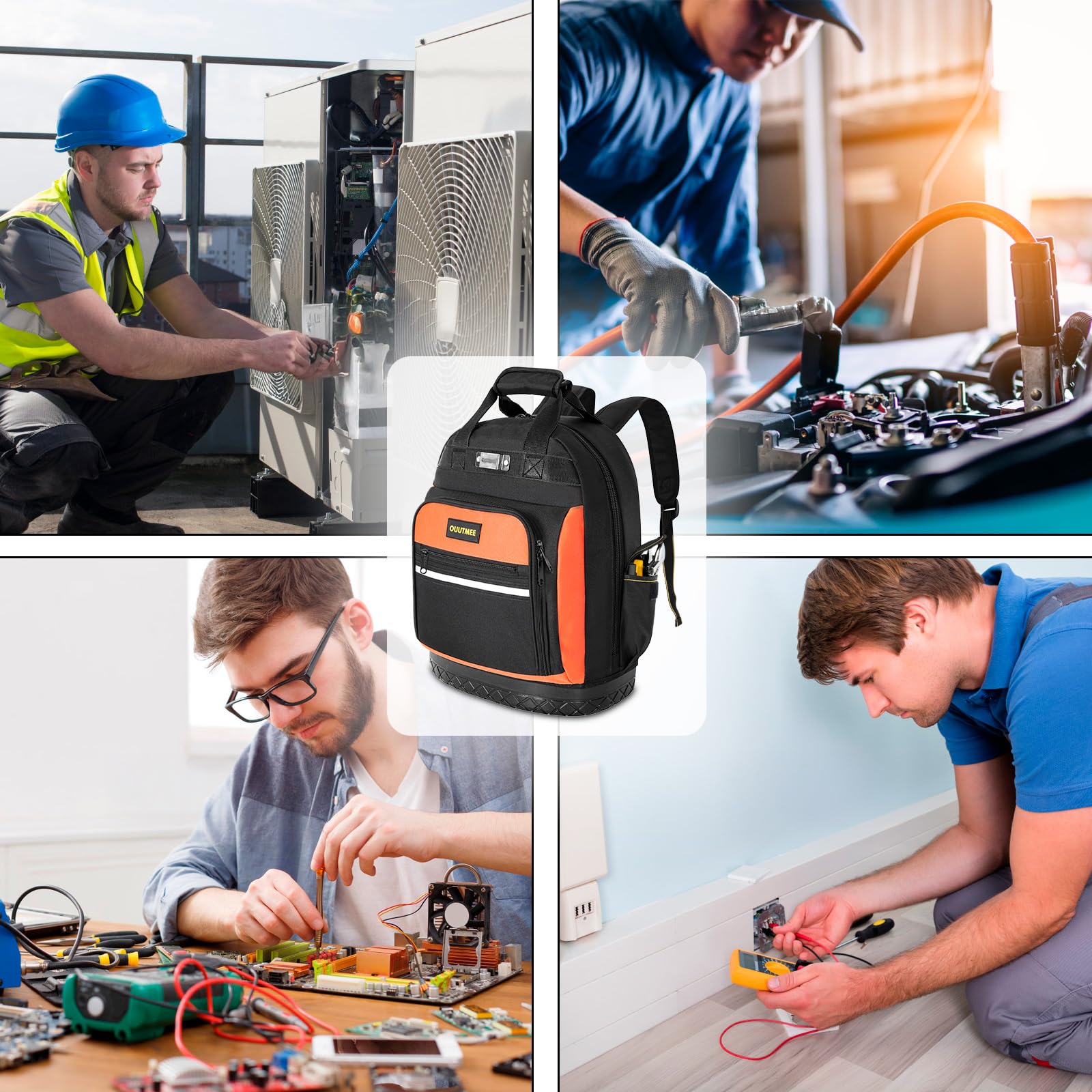 OUUTMEE Mochila de herramientas con base de goma ABS, bolsa de herramientas resistente con bolsillos múltiples, bolsas portaherramientas con correa de hombro y cintura para electricistas y