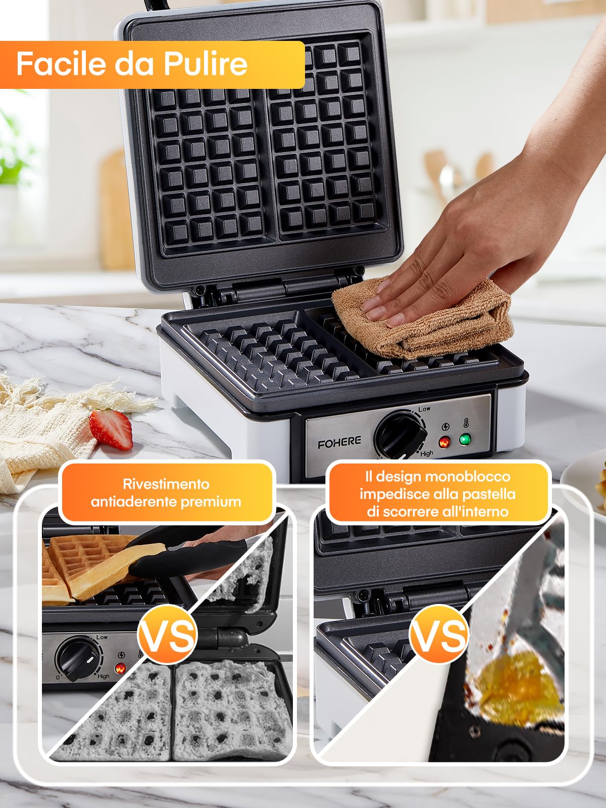 FOHERE Macchina per Waffle Doppia, Temperatura Regolabile, Rivestimento Antiaderente, Piastra Waffle Elettrica, Waffle Maker a 2 Fette, Manico a Tocco Freddo, Piastra per Waffle 1200 W
