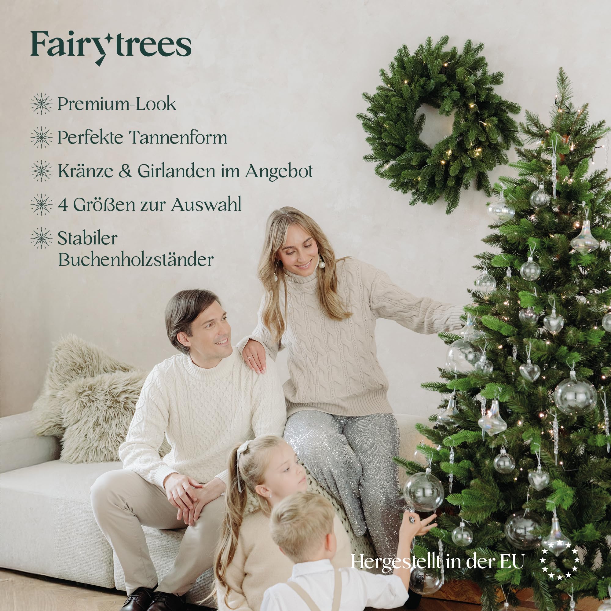 FAIRYTREES Weihnachtsbaum künstlich, Nordmanntanne Premium 180 cm, Naturgetreue Spritzguss Elemente, Made in EU, Künstlicher Weihnachtsbaum mit handgefertigtem Ständer aus Eschenholz