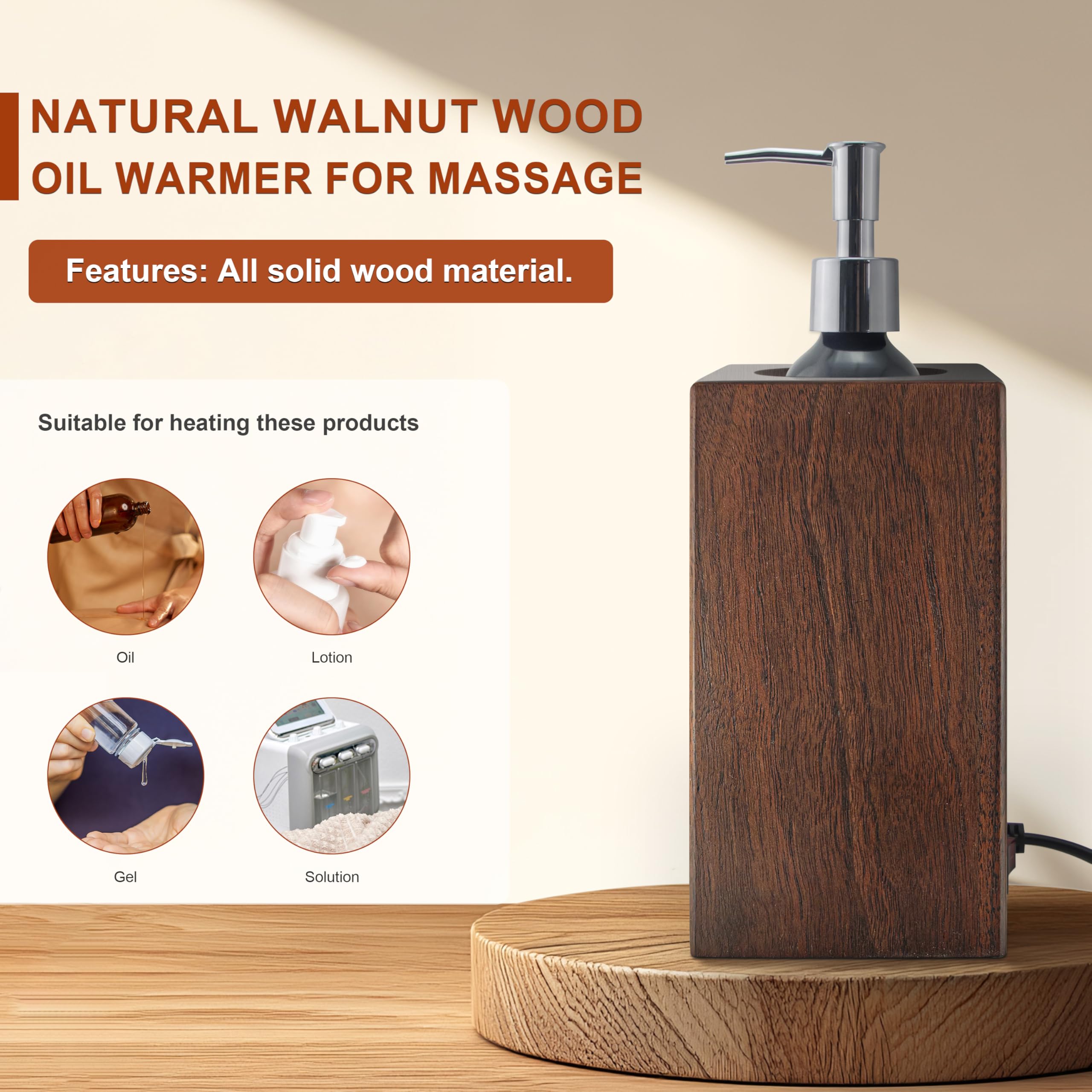 Elitzia Beauty Salon SPA Massage Oil Warmer Solid Walnut Hard Wood Natural Grain Lotion Warmer Copper Heating System Auto Temperature Control for Massage Parlour Long Life Span 2 Metal Bottles