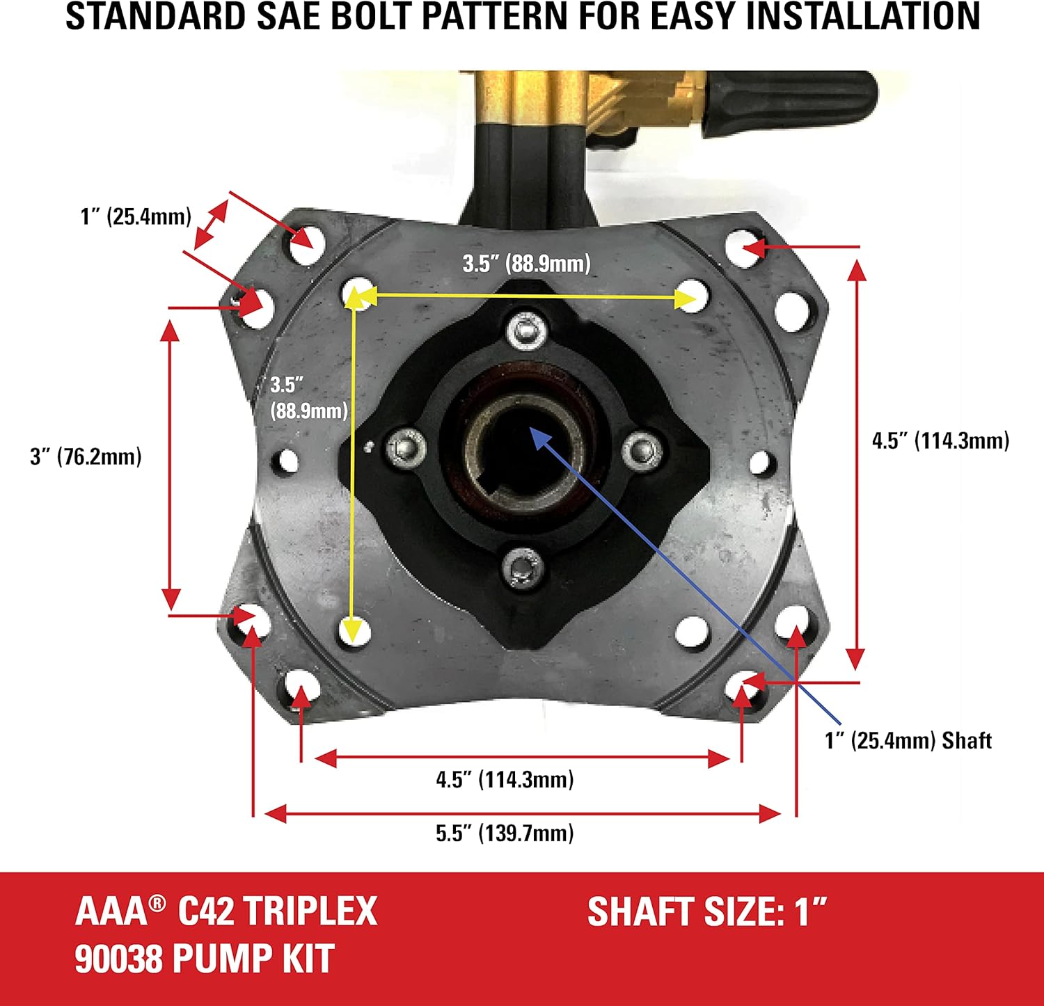 AAA Pumps 90038 Horizontal Triplex Plunger Replacement Pressure Washer Pump Kit, 3800 PSI, 3.5 GPM, 1" Shaft, Includes Hardware and Siphon Tube, for Industrial Gas Powered Machines, Black