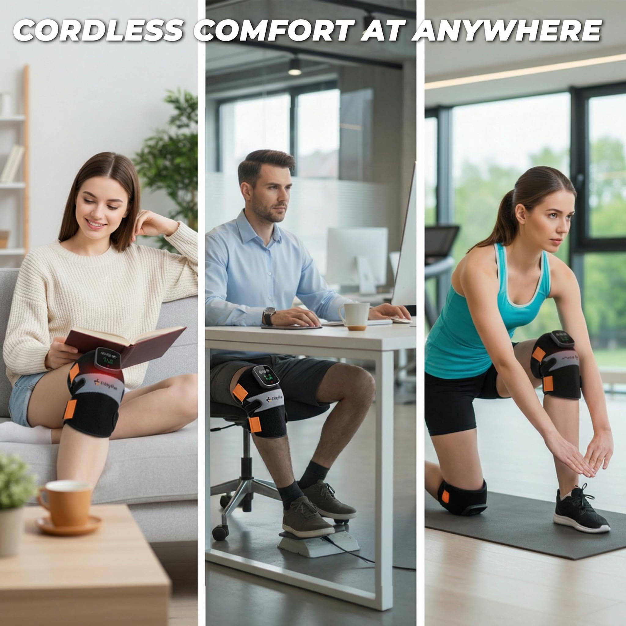 Rodillera de terapia de luz roja con calor y vibración, masajeador inalámbrico de 60 LED infrarrojo cercano con longitudes de onda dobles de 660 nm y 850 nm, envoltura de rodilla recargable