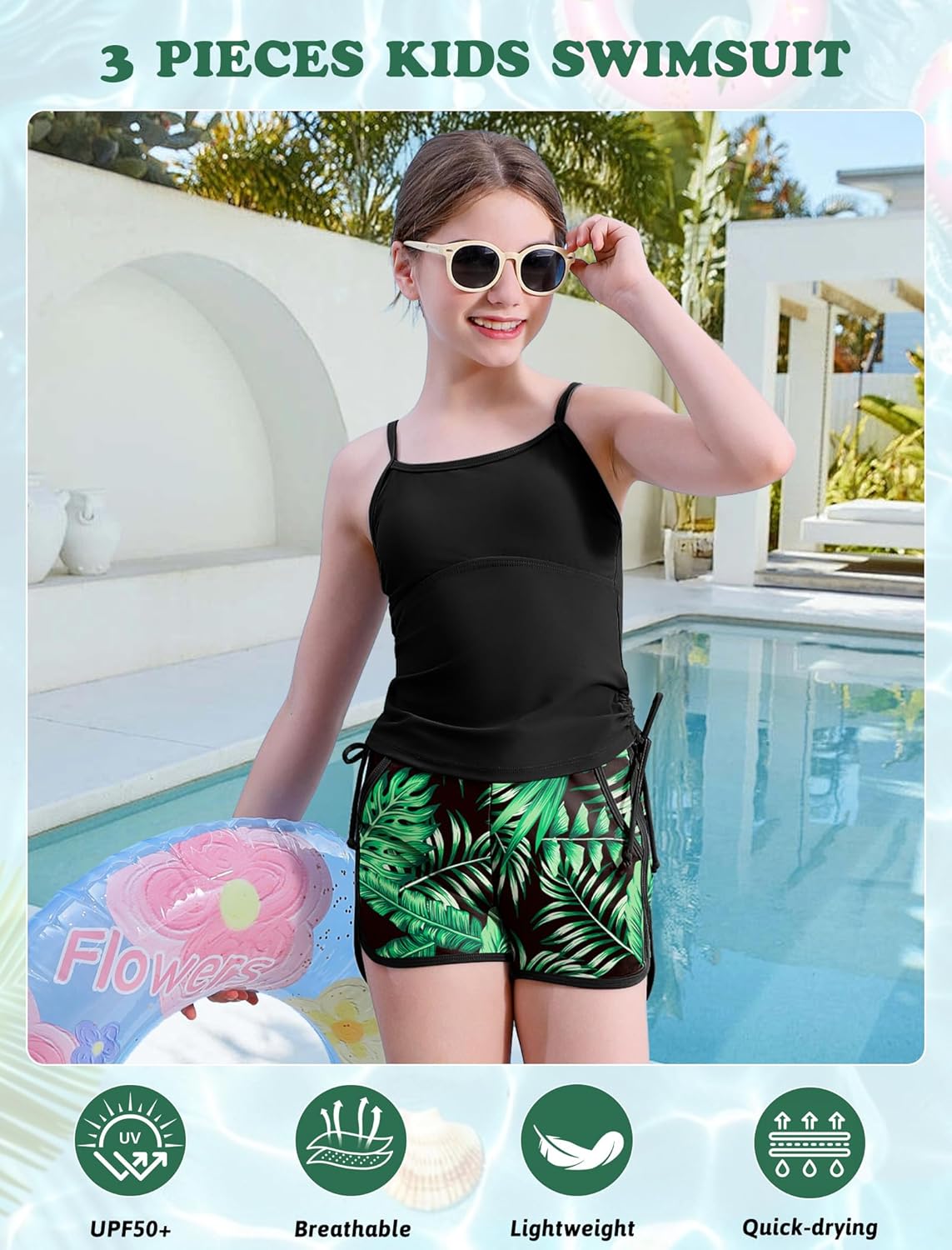 Girls Swimsuit 3 Piece Tankini Girls Swimwear Swim Shorts with Pockets Bathing Suit for Teen Girls 9-16 Years - Image 6