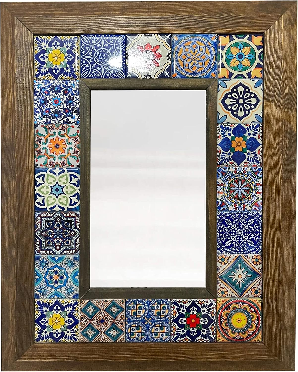 Rustic Small Hanging Mirror, Ethnic Mirror Above Console, Bohem Mirror, Wood Framed Wall Hang Ceramic Tiled Mirror, New Home Gift, Deco Gift
