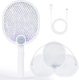 POWIFY 2 in 1 Foldable Electric Fly Swatter, USB Rechargeable Bug Zapper Racket with UV Light, 3 Layers Mesh Mosquito Swatter for Mosquito Fly Gnat Wasp (1 Pack)