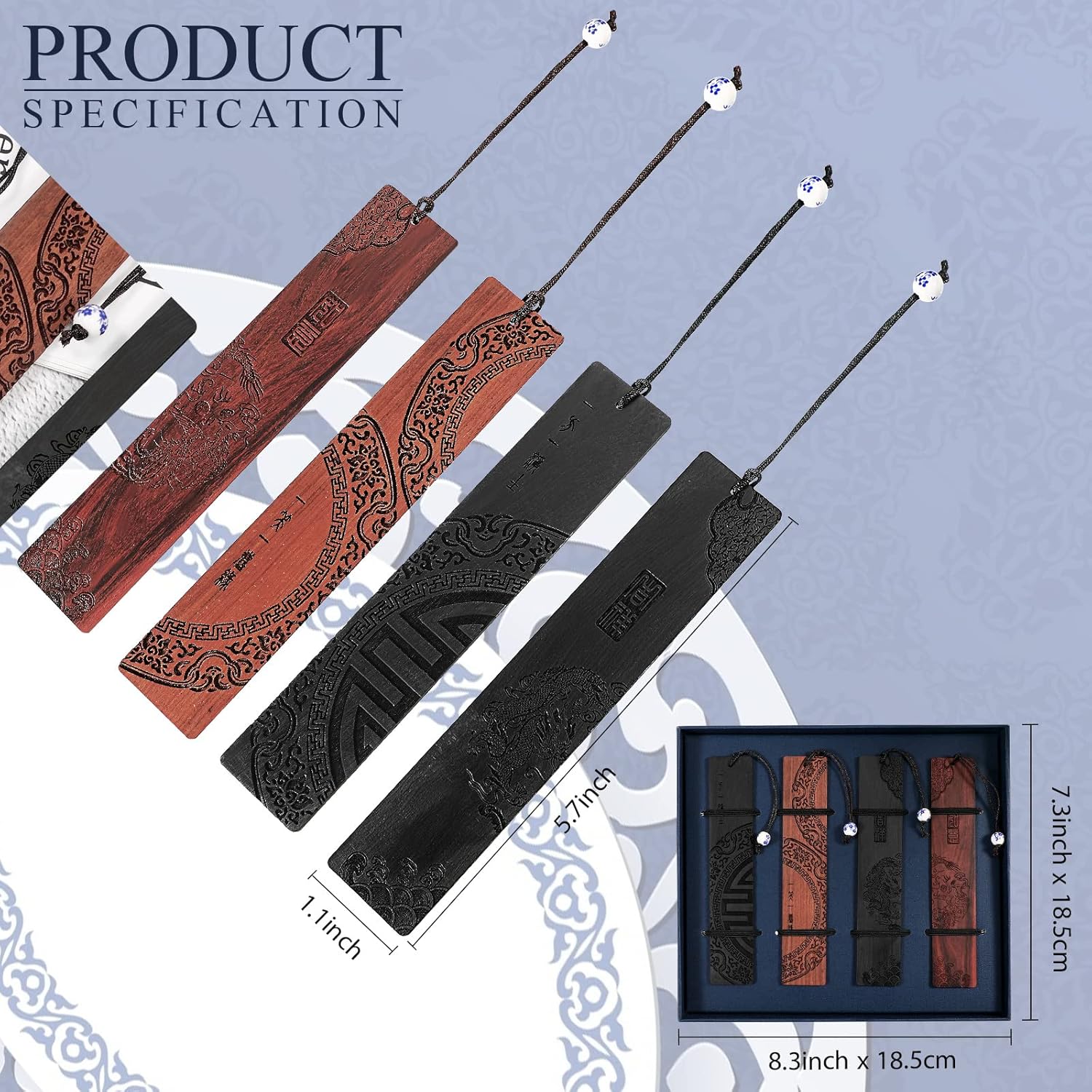 Outus 4 Pieces Wooden Bookmarks for Men Women Employee Appreciation Gifts Valentine's Day Gifts for Men Vintage Handmade Bookmarks Natural Wood Carving for Book Lovers Birthday(Traditional Style) - Image 2