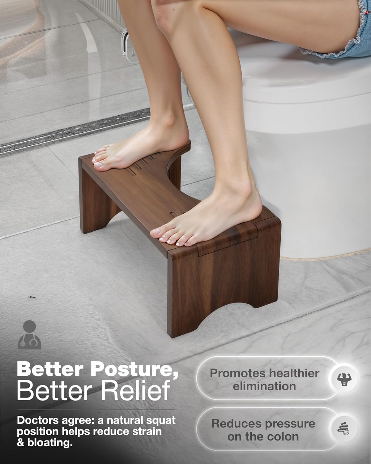 Foldable Toilet Stool, Acacia Wood Poop Stool for Potty Training, 7 Inch Wooden Bathroom Aid for Comfortable Posture (Walnut, Foldable)