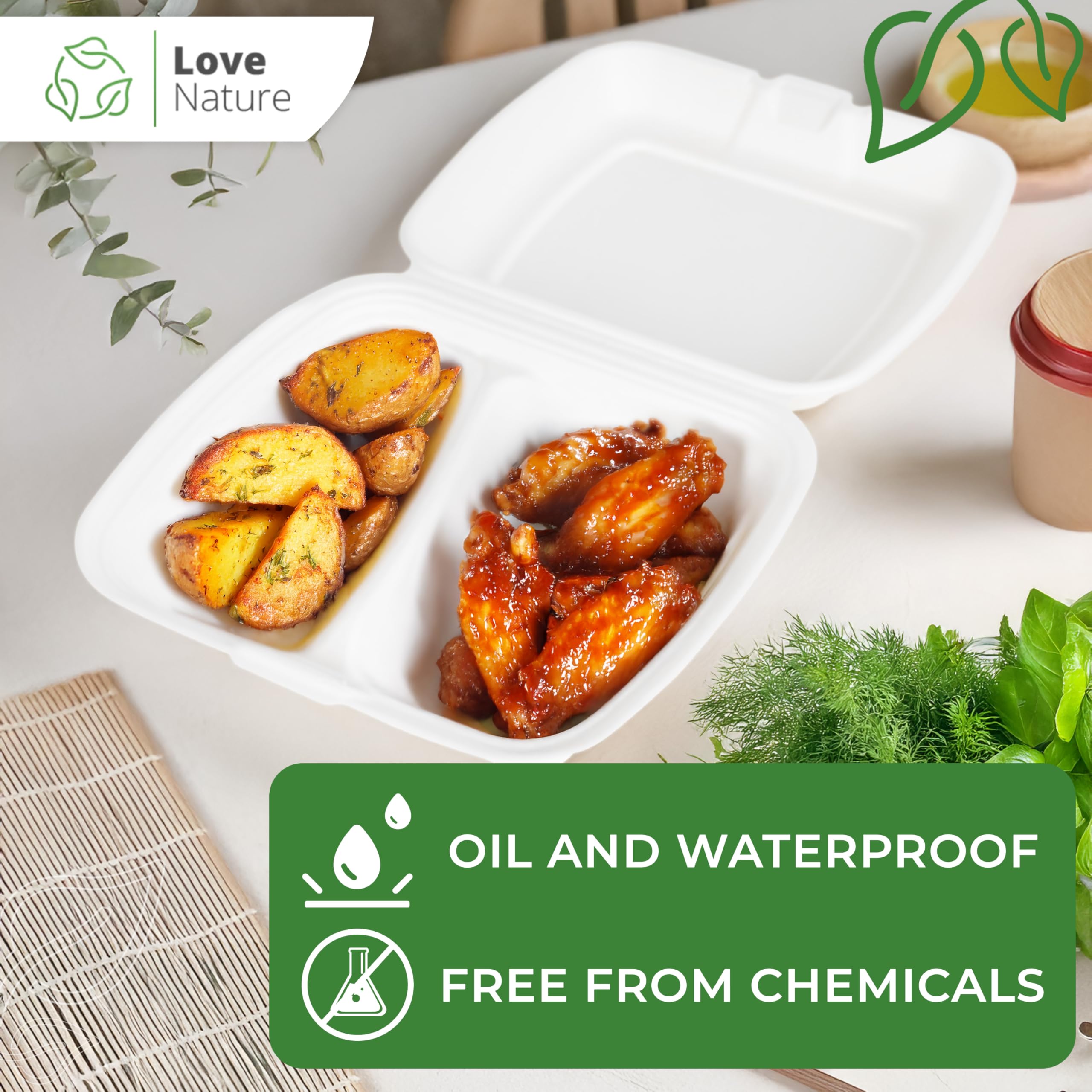 Love Nature Caja de menú ecológica desechable 2 dividida 50 piezas - vajilla desechable caña de azúcar - embalaje para llevar
