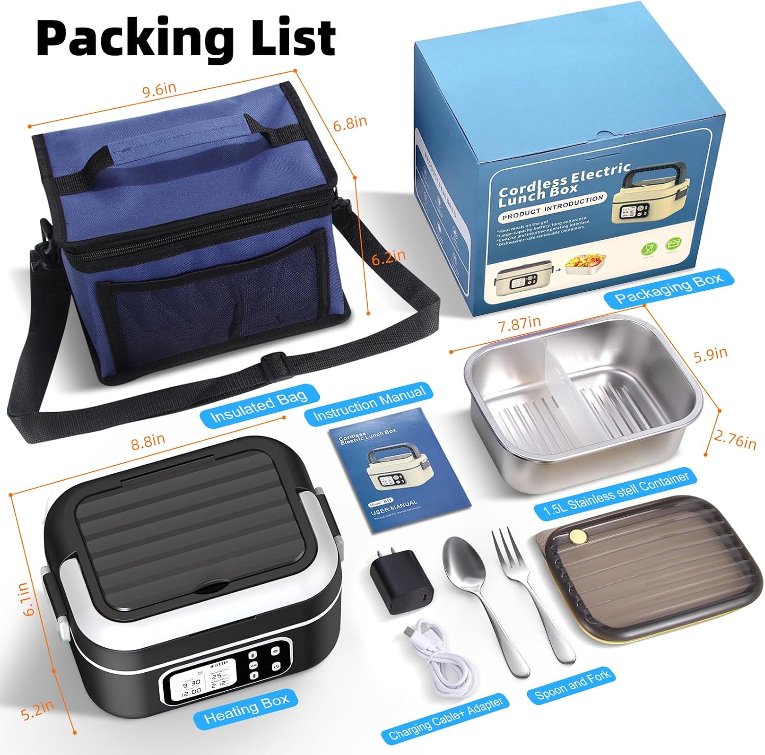 Cordless Heated Lunch Box for Men, 6.3 Cup 100W Electric Lunch Box Food Warmer with 27000mAh Battery for Self Heating, Including Cutlery, Insulated Bag and Divider for Women Adults(Black+White) - Image 8