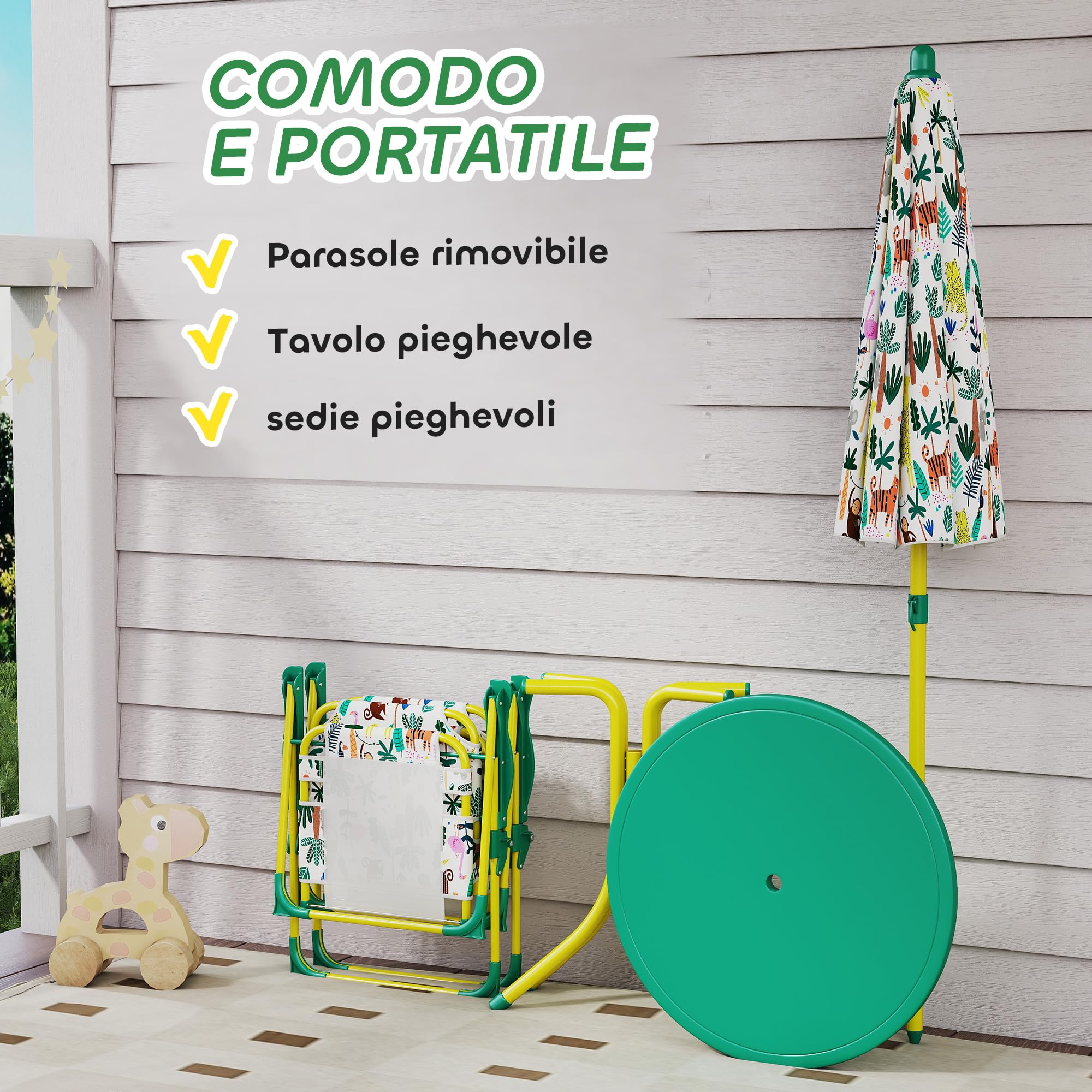 AIYAPLAY Tavolo da Picnic per Bambini, Set Tavolo e Sedie con 2 Sedie Pieghevoli e Ombrellone Removibile, Tema Giungla, Mobili da Esterno per Giardino, Patio, Verde