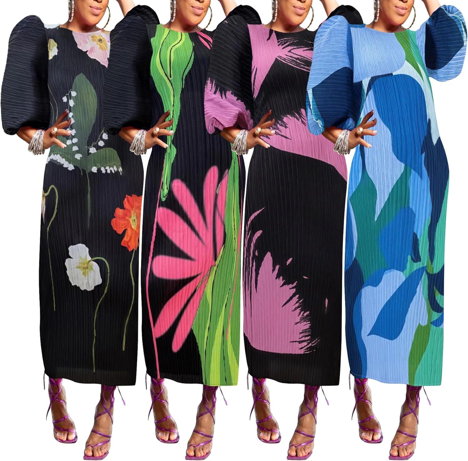 Women Colorful African Dress Floral Puff Long Sleeve Wedding Guest Party Pleated Maxi Dress - Image 4