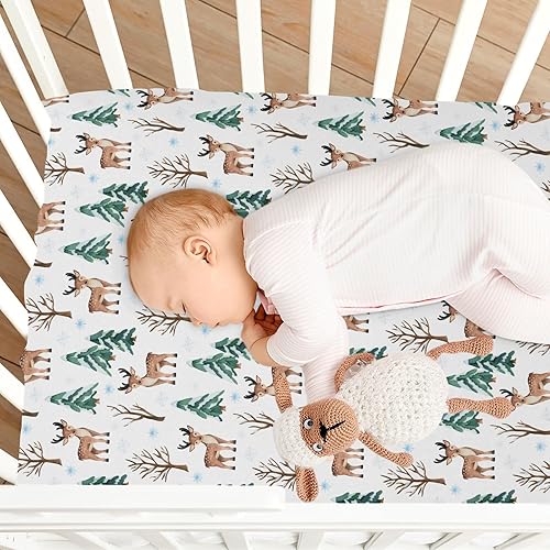Miniatura 7 de Sábanas para cuna de ciervos y pinos, sábanas ajustables elásticas para cuna para niños y niñas, sábana unisex acogedora para cuna de bebé, 27 x 39