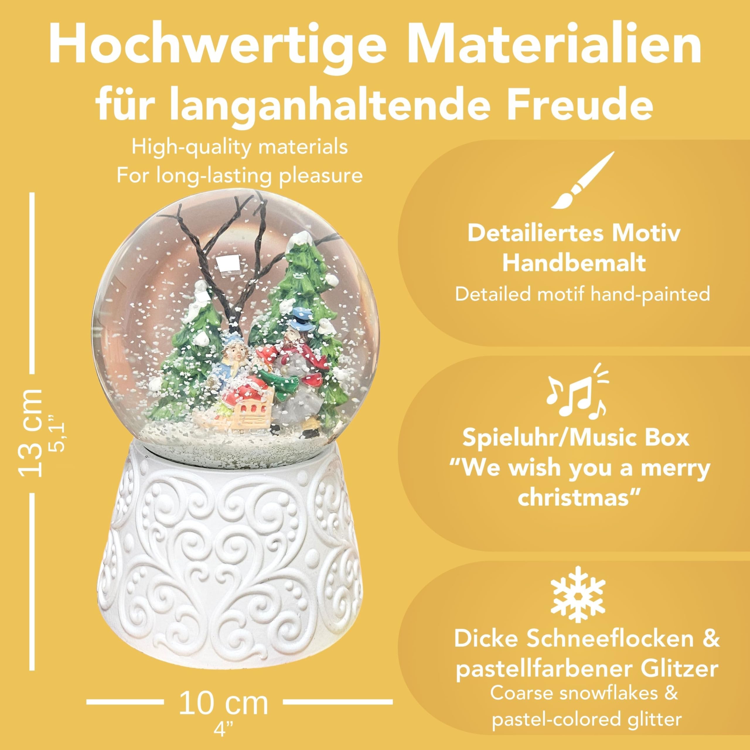 Schneekugel Weihnachten mit Musik | Winterspaziergang mit Familie | Sockel weiß Nostalgie | H: 14cm B: 10 cm | Schüttelkugel Weihnachten Winter mit Spieluhr | 20150