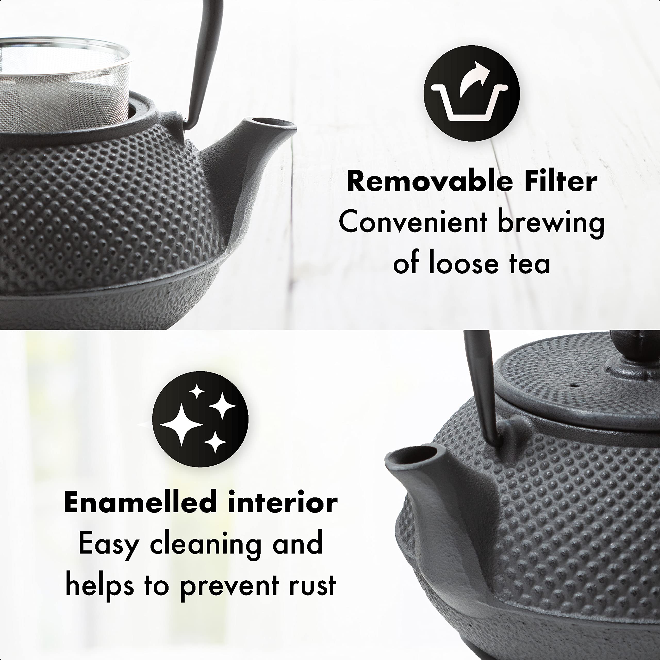 TEIERA GHISA SET – Set Completo Teiera in Ghisa con Infusore, 2 Tazze e Sottoteiera – Interno Completamente Smaltato - Design Elegante in Stile Giapponese (800 ml, Nero)