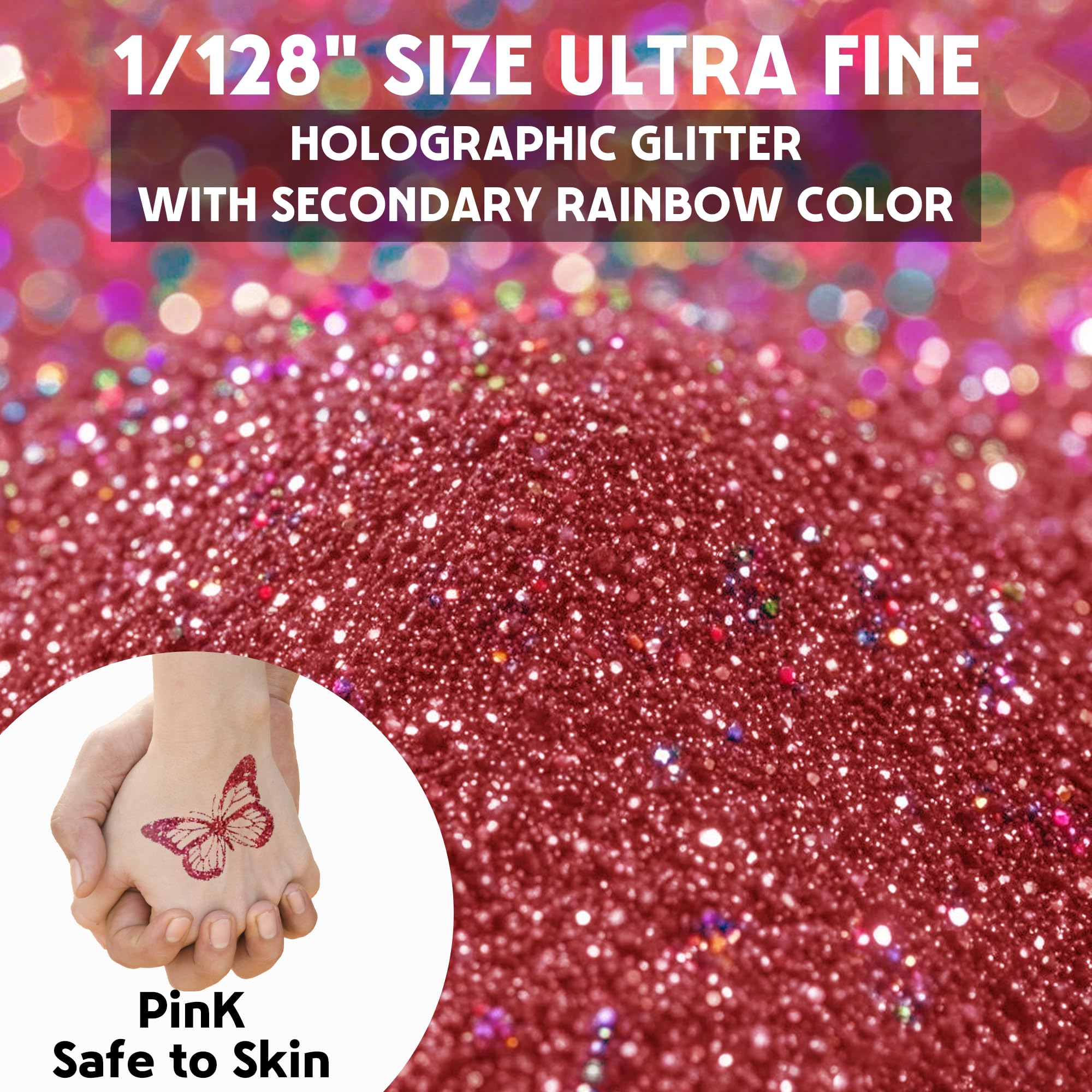 Glitter Olografici Ultrafini, Glitter Di Bellezza, Rosa140g, Adatti Per Capelli, Viso, Corpo, Unghie e Trucco Natalizio. Adatti Anche Per Resina Epossidica, Vetro e Lavori Artigianali.