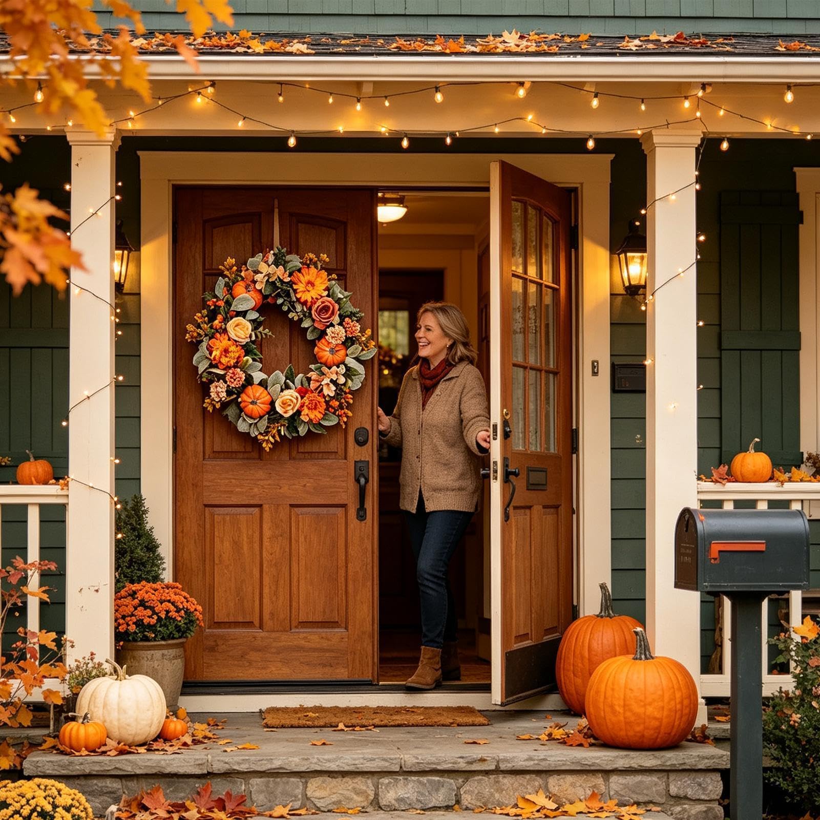 Ghirlanda autunnale per la porta di casa, fiori artificiali e decorazioni
