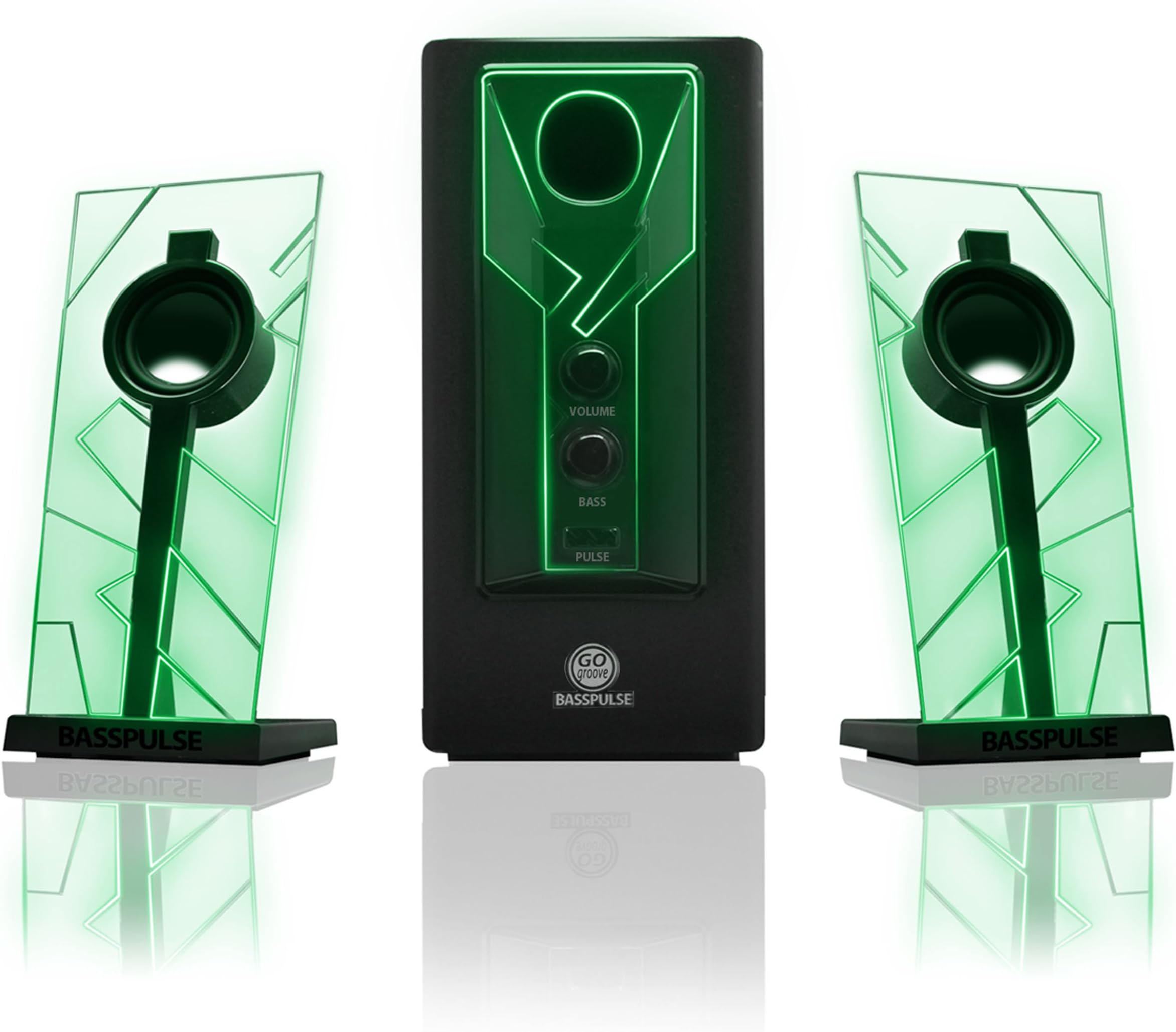 GOgroove BassPULSE 2.1 Computer Speakers with Green LED Glow Lights and Powered Subwoofer - Gaming Speaker System for Music on Desktop, Laptop, PC with 40 Watts, Heavy Bass