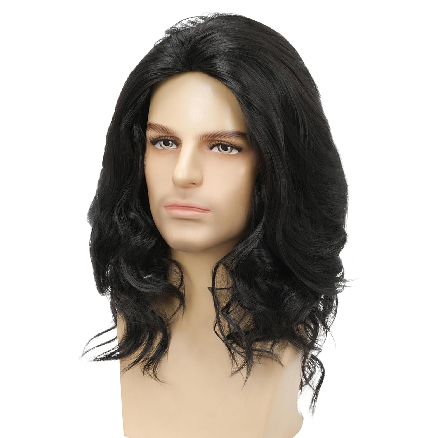 Mens Black Wig Long Curly Natural Hair Wig Layered Wavy for Daily Party Costume Cospaly Halloween