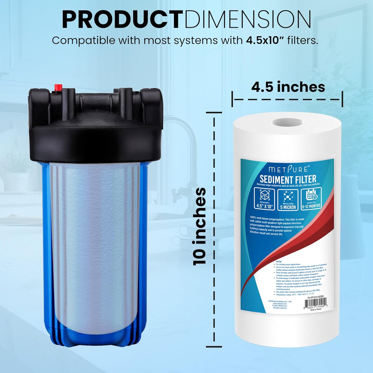 Metpure 4.5 x 10 inch Sediment Filter - 5 Micron Melt-Blown Polypropylene Whole House Water Filter Cartridge. Compatible with Pentek, Culligan, GE, Whirlpool, and more!