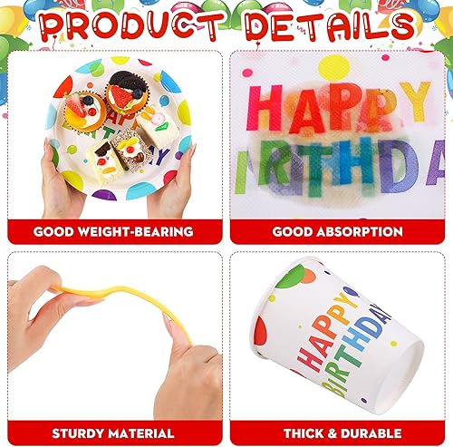 Miniatura 3 de 400 piezas de decoraciones de fiesta de feliz cumpleaños, incluyendo platos de papel desechables, vasos, servilletas, juegos de vajilla para 50 para
