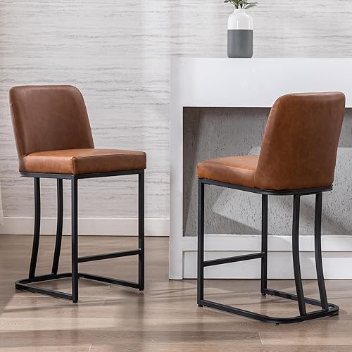 Miniatura 3 de Juego de 2 taburetes de bar modernos de piel sintética con patas negras, taburetes de bar de 24 pulgadas, sillas de bar tapizadas con respaldo para