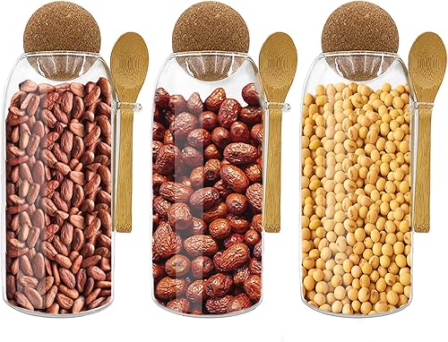 Tarro de vidrio con tapa de madera, bola y cuchara adjunta, recipiente para condimentos de especias de azúcar y sal de 33 onzas, olla transparente