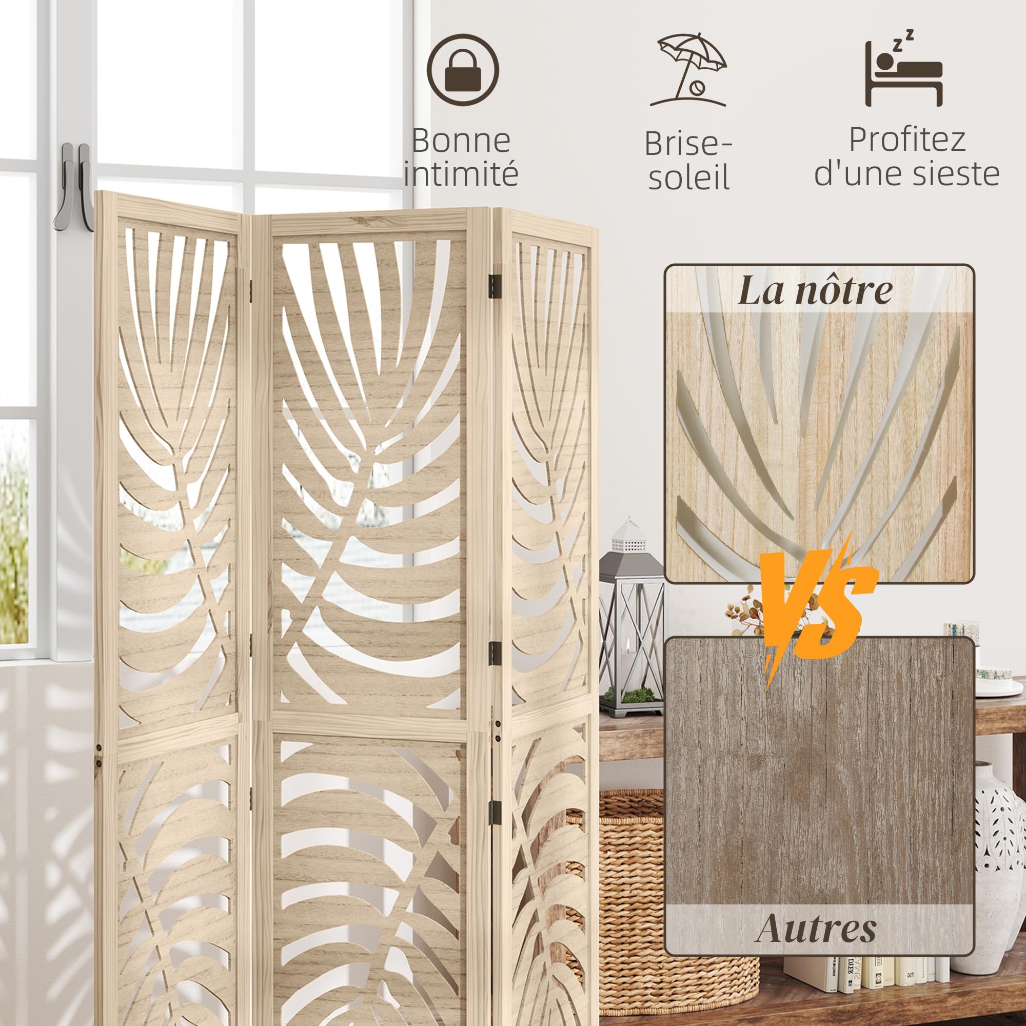HOMCOM 3-teiliger Raumteiler, klappbar, natürliches Holzfinish | Abnehmbar, tragbarer Sichtschutz, freistehende Trennwandteiler, Palmblatt-Design, Home Office, Schlafzimmer
