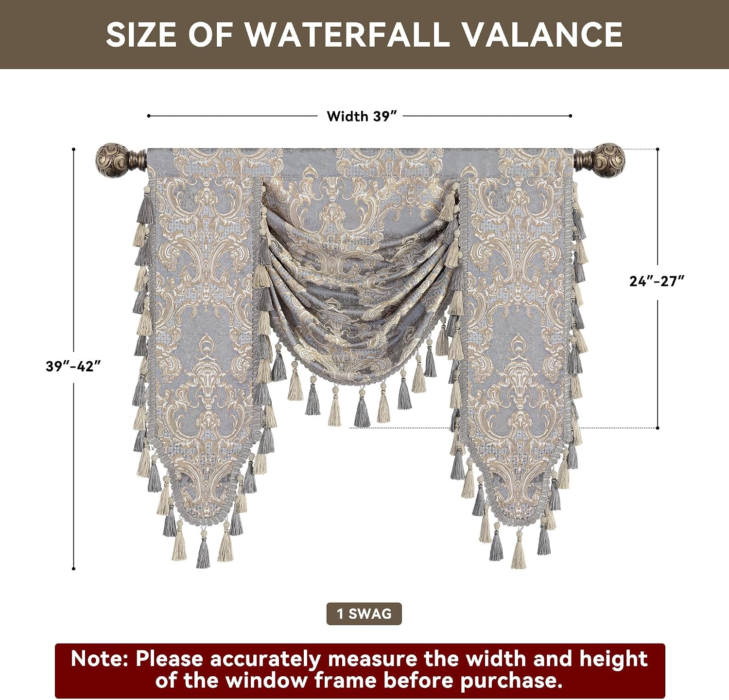 Loom and Mill Grey Victorian Waterfall Valances for Living Room Bedroom, European Jacquard Thick Chenille Swag Curtains Window Valance with Tassels for Party Banquet Holiday Decor (W39 Inch, 1 Panel)