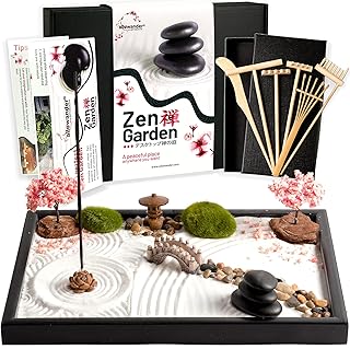 allowander Zen Garden for Desk, 12x8in Sand Tray Therapy Kit with 14 Accessories and 6 Tools, Japanese Room Decor Gifts, Meditation Garden Kit, Mini Sand Garden, Home Office Desk Decorations