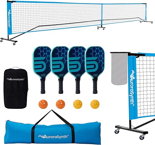 Miniatura 8 de AuroraSynth Juego de pickleball con 4 paletas de pickleball de fibra de vidrio, 4 bolas, red sin nudos de polietileno de 18 capas de 22 pies x 3