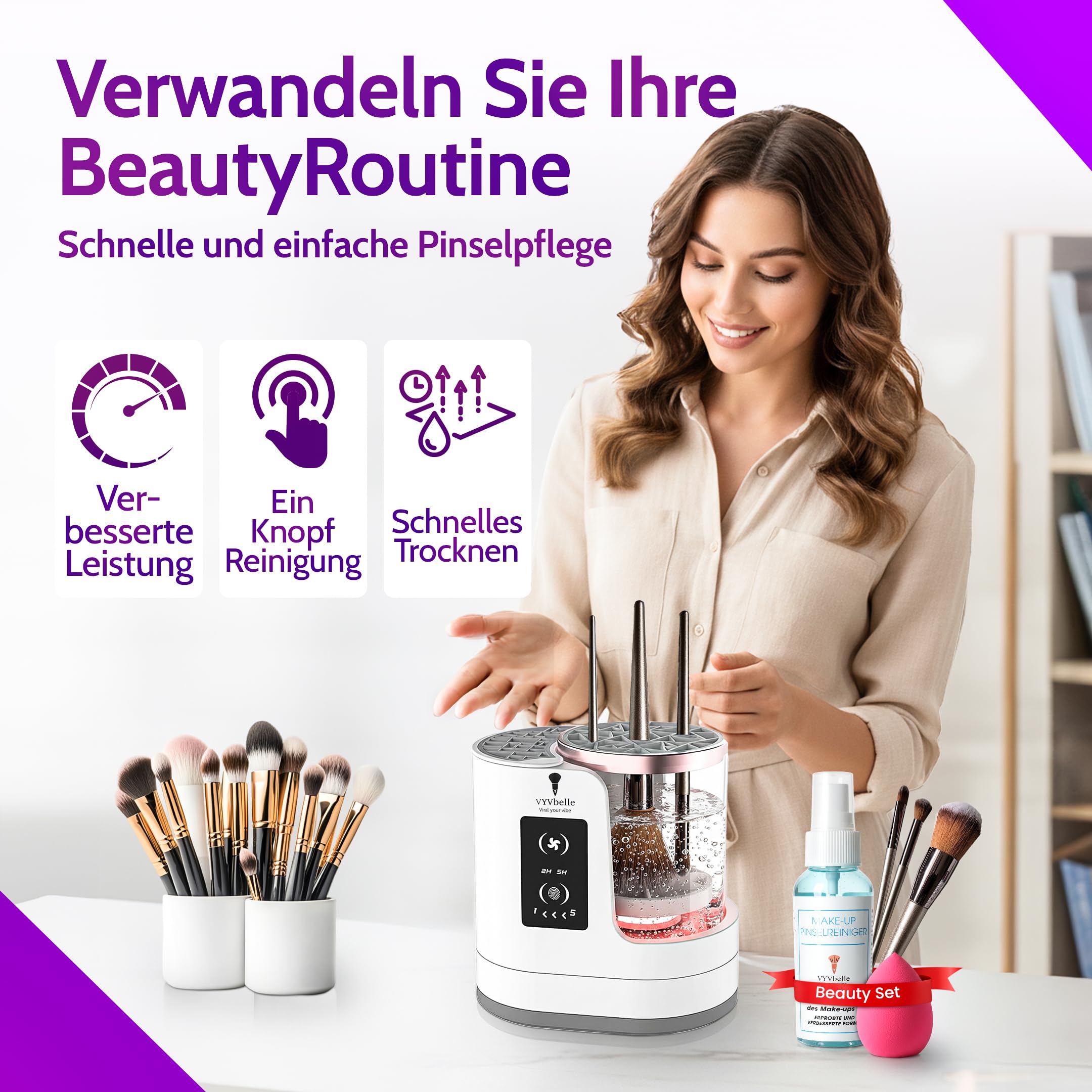 Make up - elektrischer Pinselreiniger Set mit 3 Pinseln und Make up Schwamm, inkl. 100 ml Brush Cleaner für Pinselpflege, Make up Pinsel reinigen und Beauty Tools