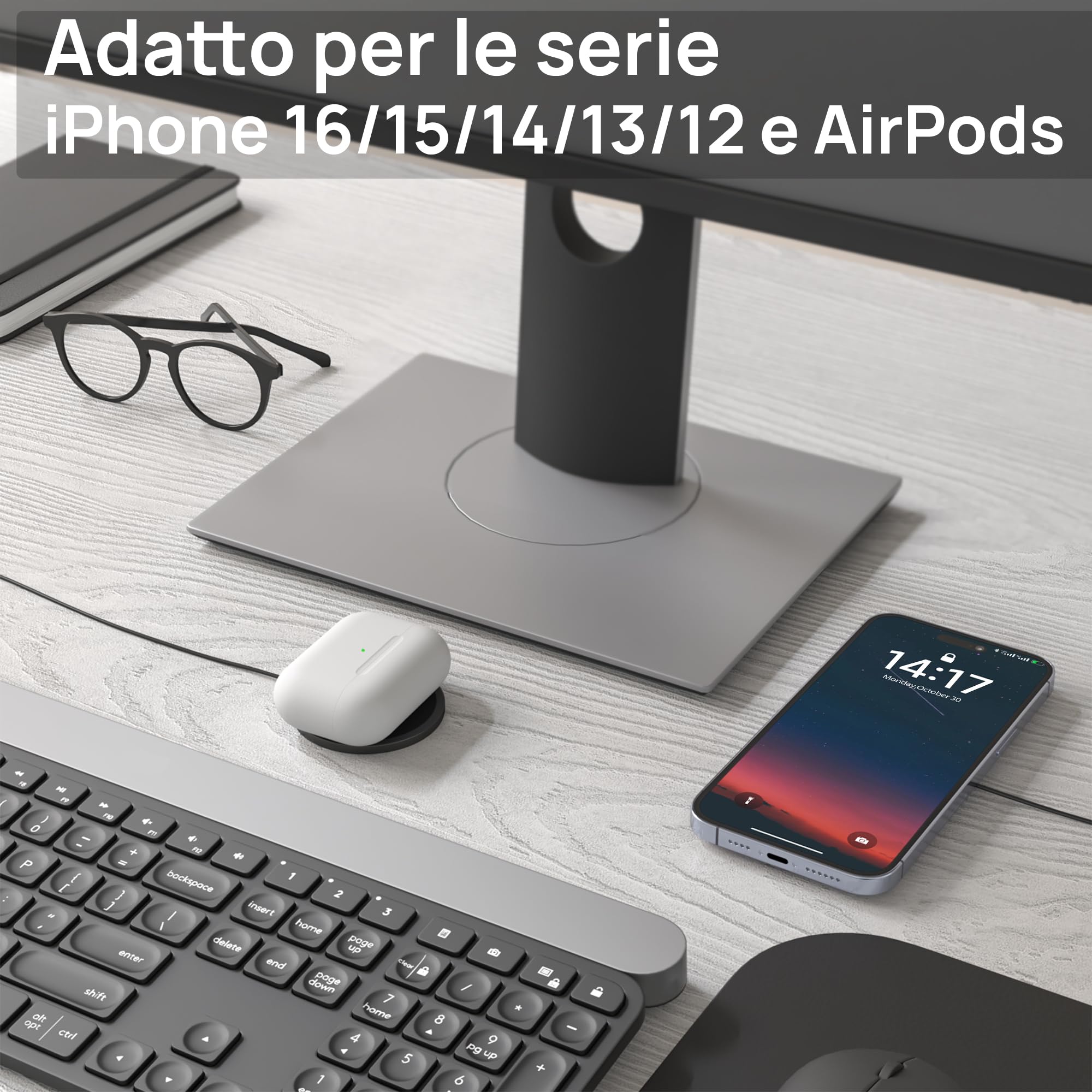 Caricatore Mag safe, 15W Caricatore Wireless Magnetico,Caricatore Senza Fili Portatile Rapida Magnetico Caricabatterie compatibile iPhone 16/15/14/13/12 e Airpods 2/3/Pro/Pro2 (Nero)