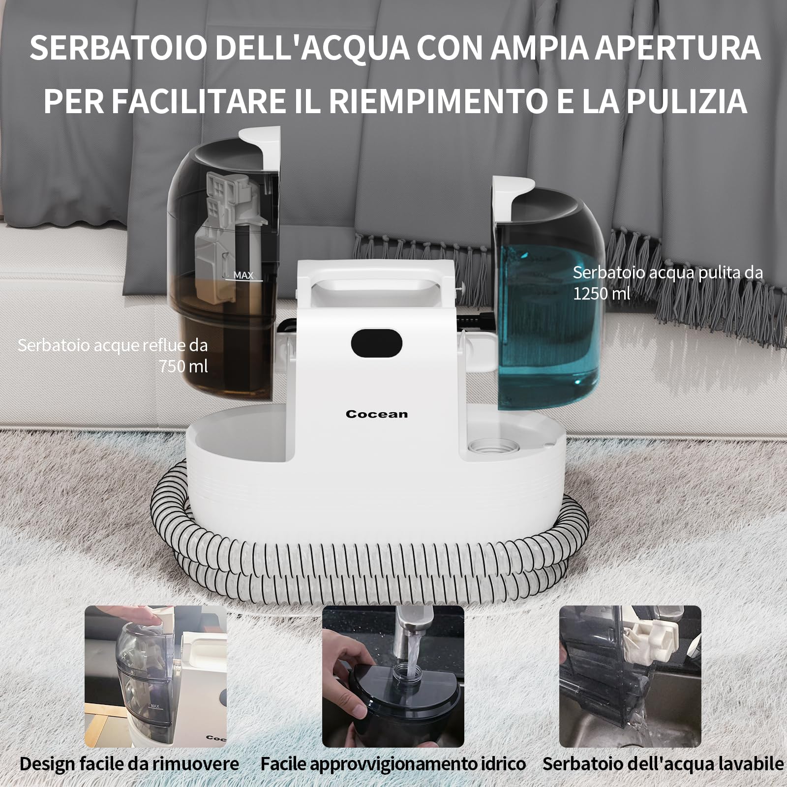 COCEAN Lavatappeti Detergente per Tappezzeria, Lavatappeti e Divani Lava e Asciuga, 500 W, Aspirapolvere Compatto per la Pulizia Profonda Delle Macchie, Bagnato per Tappeti, Auto, Animali