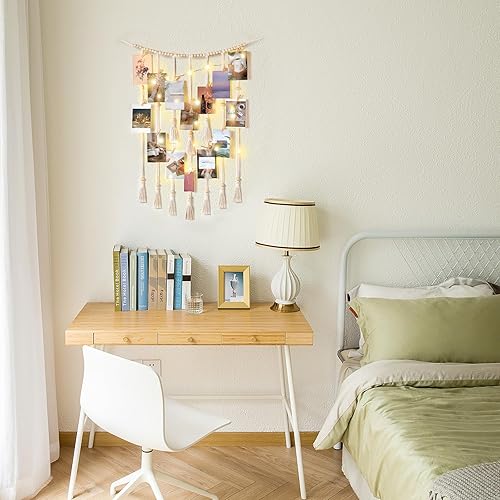 Miniatura 9 de Mkono Decoración de pared colgante de macramé con tira de luces, decoración bohemia para habitación y dormitorio, cuentas de madera, guirnalda de